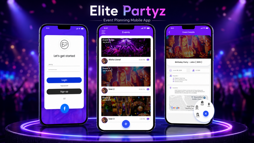 Elite Partyz App project mockup by Timeline Soft